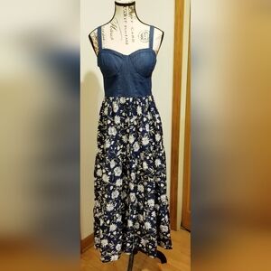 Band Of The Free Blue Denim Bodice Floral Buttoned Maxi Dress M Boho Cottage